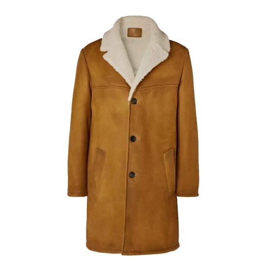 Men's Tan Brown Shearling Leather Trench Coat