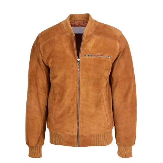 Men's Tan Brown Suede Bomber Jacket