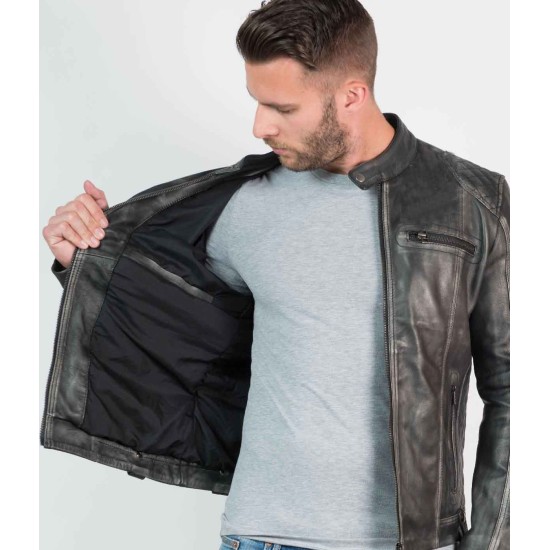 Men's Vintage Grey Leather Biker Jacket