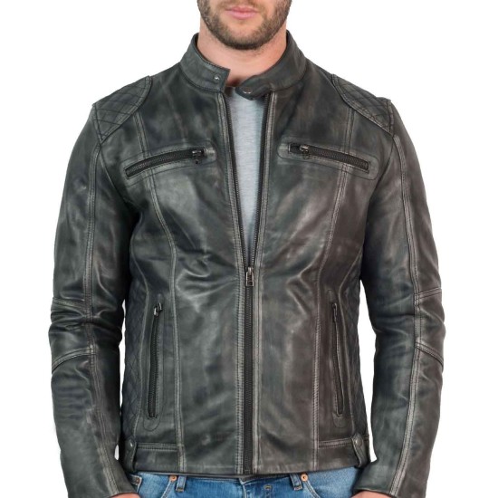 Men's Vintage Grey Leather Biker Jacket
