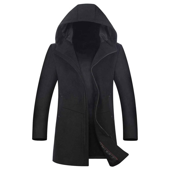 Men's Hooded Black Wool Trench Coat