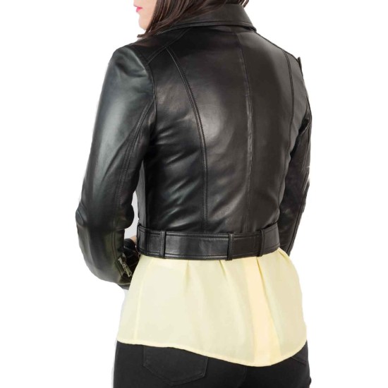 Womens Black Biker Cropped Leather Jacket