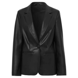 Women's One Button Black Leather Fitted Blazer Jacket Women's One Button Black Leather Fitted Blazer Jacket