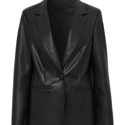 Women's One Button Black Leather Fitted Blazer Jacket