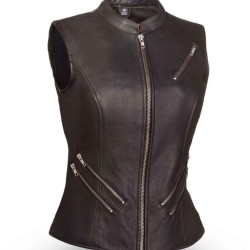 Women's Zip Up Leather Vest with Pockets