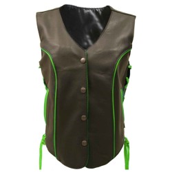 Women's Brown Leather Vest With Lime Green Trim Women's Brown Leather Vest With Lime Green Trim