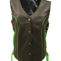Women's Brown Leather Vest With Lime Green Trim
