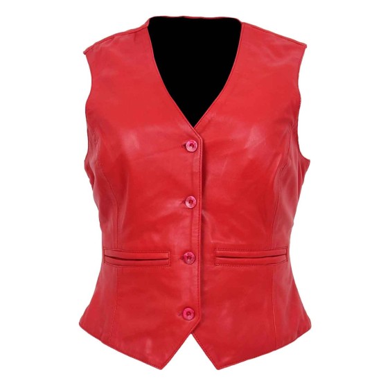 Womens 4 Button Red Leather Vest