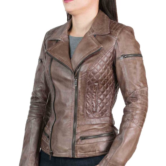 Women's Vintage Brown Leather Biker Jacket