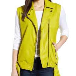 Women's Zip Up Mustard Yellow Leather Vest