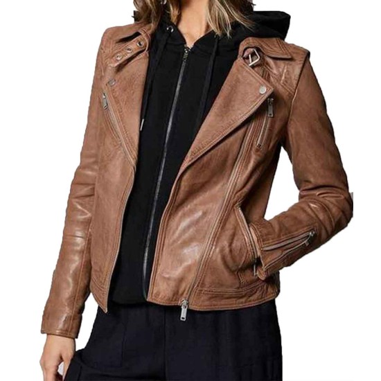 Women's Zip Up Biker Brown Leather Jacket