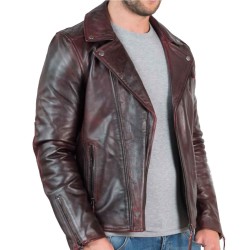 Men's Red Wine Cross Zip Leather Biker Brown Jacket Men's Red Wine Cross Zip Leather Biker Brown Jacket