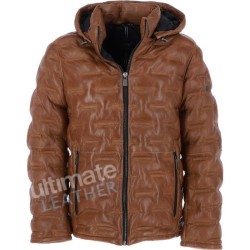 Men's Detachable Cognac Leather Hood Puffer Jacket