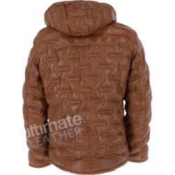 Men's Detachable Cognac Leather Hood Puffer Jacket