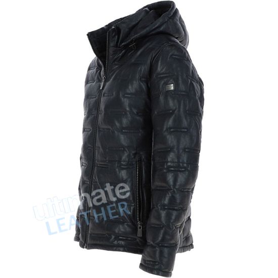 Men's Detachable Navy Leather Hood Puffer Jacket