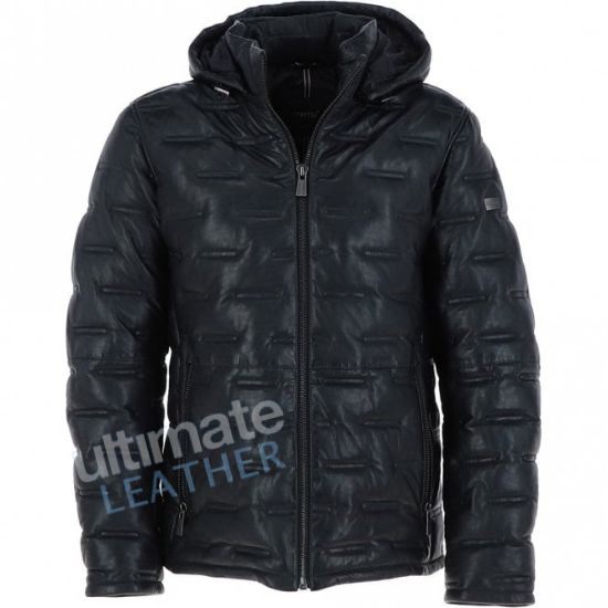 Men's Detachable Navy Leather Hood Puffer Jacket