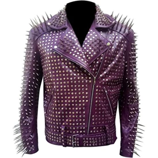 Men’s Rock Punk Studded Spike Motorcycle Cowhide Leather Jacket