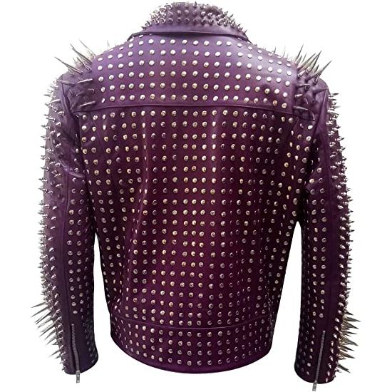 Men’s Rock Punk Studded Spike Motorcycle Cowhide Leather Jacket