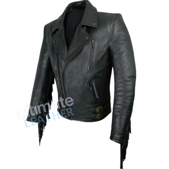 Women's fringe Black leather jacket