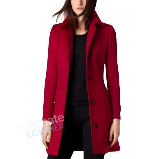 Women's Single Breasted Red Wool Coat 