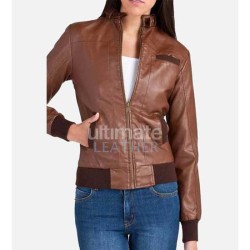 Women's Chocolate Brown Bomber Zip Up Leather Jacket Women's Chocolate Brown Bomber Zip Up Leather Jacket
