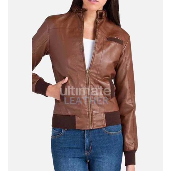 Women's Chocolate Brown Bomber Zip Up Leather Jacket