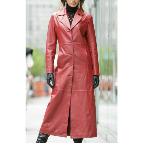 Women Red Long Leather Trench Coat