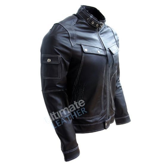 Men's white stitching black Biker leather jacket