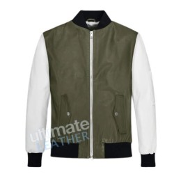 Men's Green Bomber Leather Jacket with White Sleeves