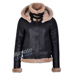 Women's Hoodie Aviator B3 Bomber Black Leather Jacket Women's Hoodie Aviator B3 Bomber Black Leather Jacket