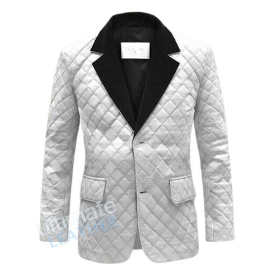 Men's Quilted White Leather Blazer