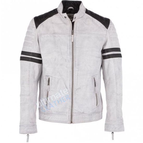 Men's White Leather Biker Jacket