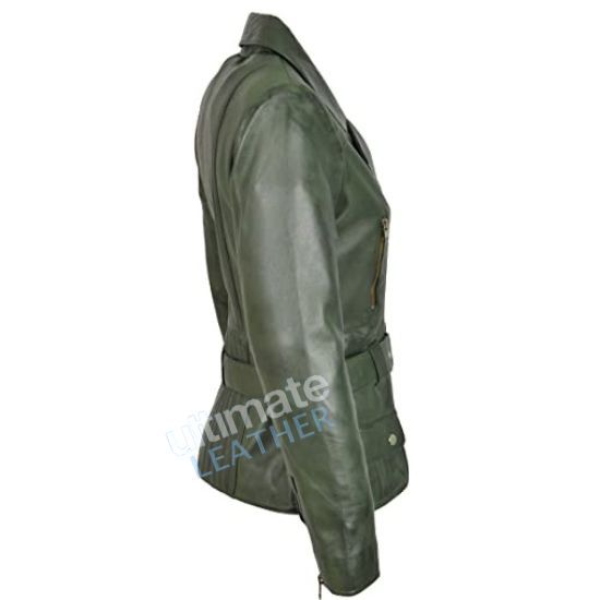Women's Belted Green Leather Jacket