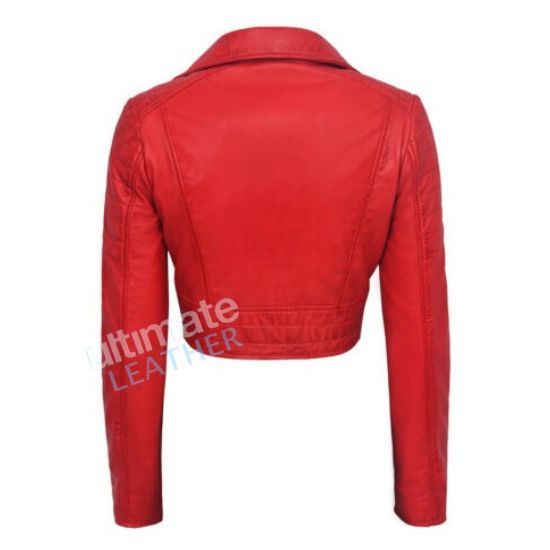 Women's Stylish Red Cropped Leather Jacket