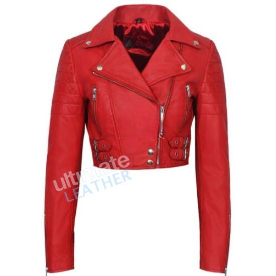 Women's Stylish Red Cropped Leather Jacket