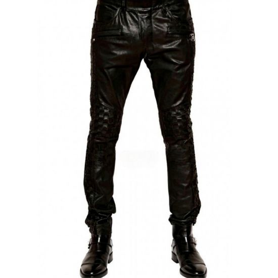 Balmain Woven Black Leather Pant for Men