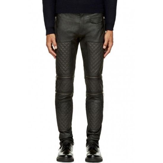 Men Dark Grey Leather Quilted Pants