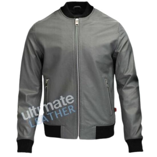 Men's grey bomber leather jacket