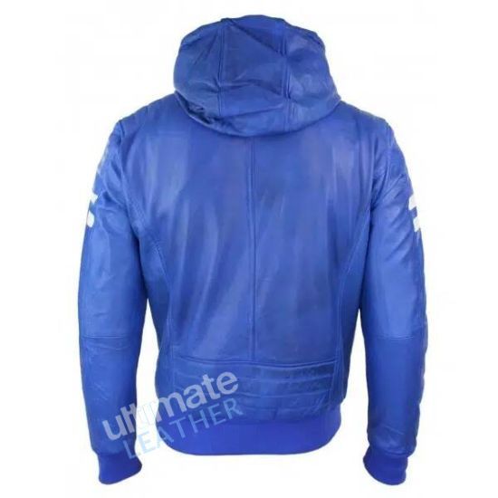 blue hooded leather jacket for mens