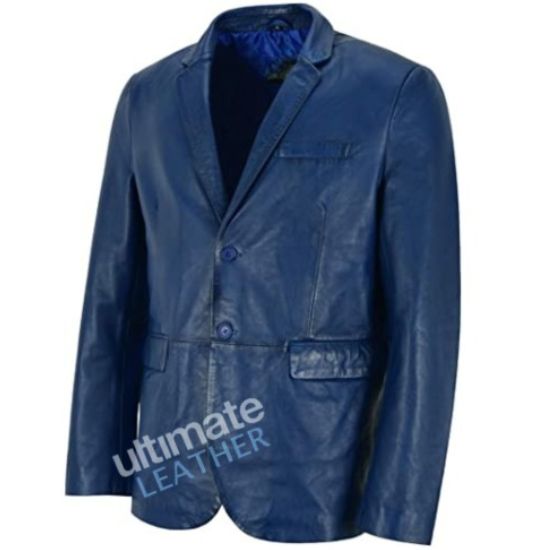 Men's Blue Leather Blazer Jacket