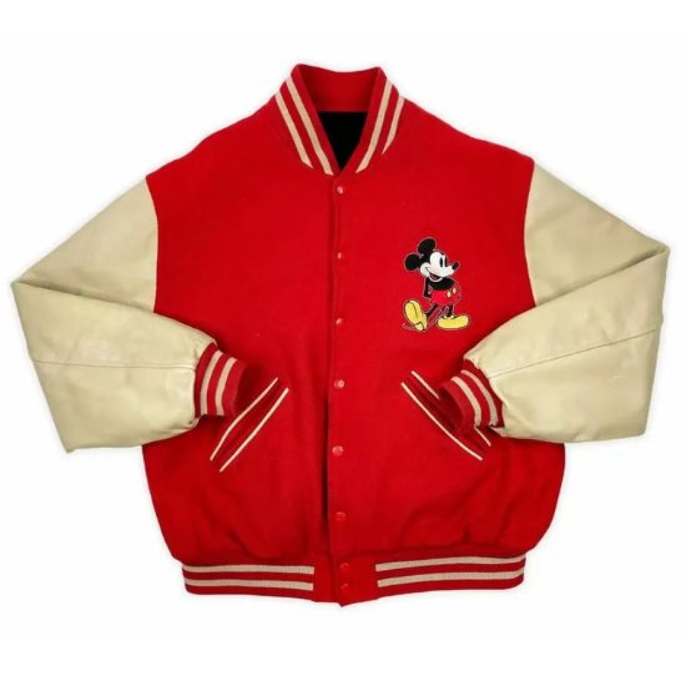 Mickey Mouse Leather Jacket | Vintage Disney Red Varsity Jacket