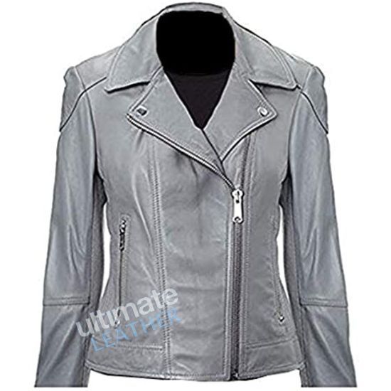 women's grey biker leather jacket