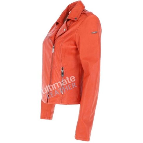 Women's Orange biker Leather jacket