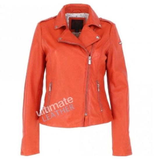 Women's Orange biker Leather jacket