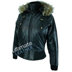 women's fur black Leather bomber jacket women's fur black Leather bomber jacket