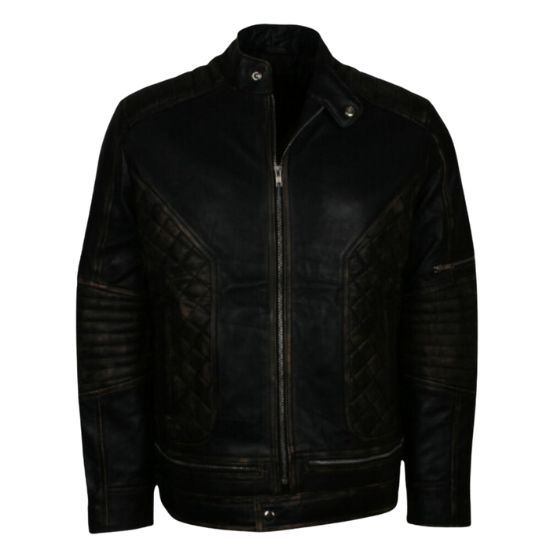 Men's Skull Quilted Distressed Biker Leather Jacket