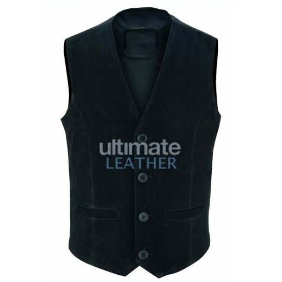 Men's 5 Button Suede Leather Black Vest