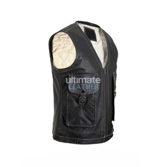 Men's Zip Up Black Leather Vest