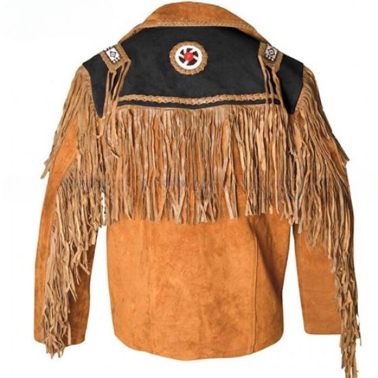 Men's Cowboy Western Fringed Camel Brown Leather Jacket