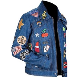 Men's Taron Egerton Multi Patches Blue Denim Jacket 